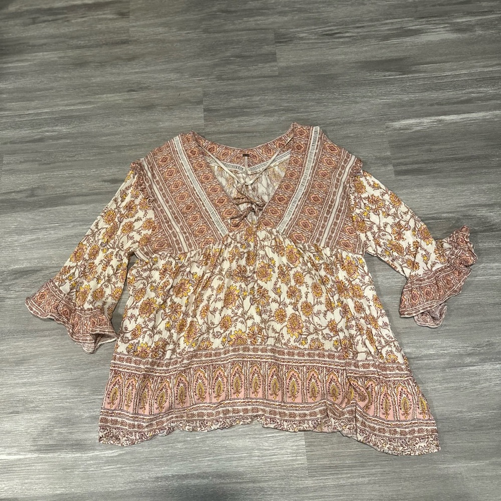 Free People Moonlight Dance Ivory Floral V-Neck Tunic Top Medium